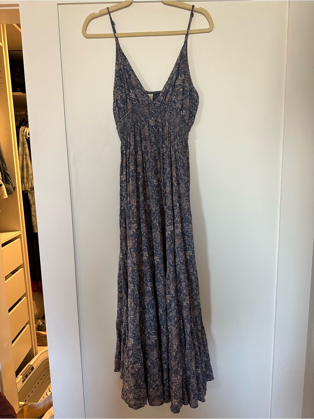 mahina Navy and Tan Floral Maxi Dress with Smocked Waist